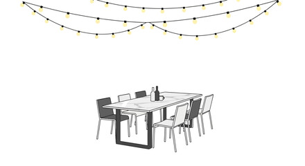 Stylized Dining Scene with String Lights and Modern Furniture Setup