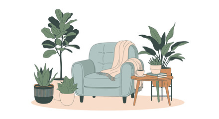 Stylized interior scene with armchair and plants for relaxation atmosphere