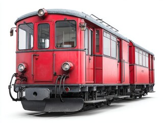 A vintage, red electric train, meticulously detailed, stands prominently against a plain white background.