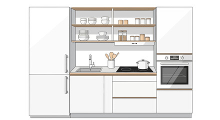 Stylized kitchen design with modern minimalist aesthetic and essential appliances