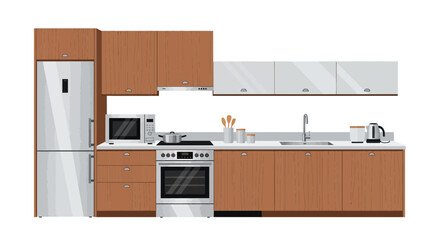 Stylized kitchen illustration, appliance and cabinet set with a modern design