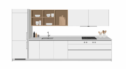 Stylized kitchen interior with a clean, minimalist design aesthetic illustration