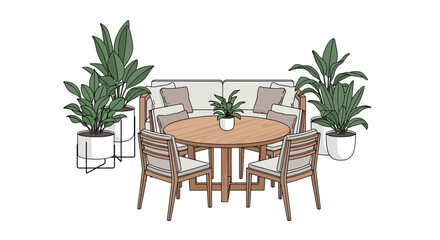 Stylized outdoor living space with natural wood furniture and greenery