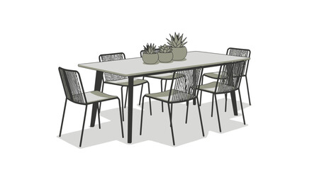 Stylized Patio Set Vector Illustration, Outdoor Dining with Succulents