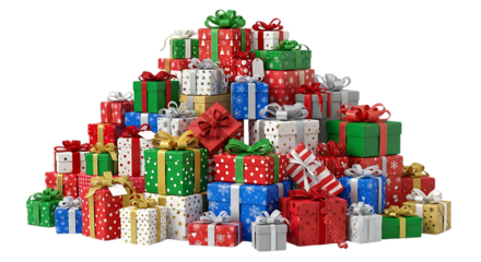 Massive Pile of Wrapped Christmas Gifts with Festive Patterns in Red Green Blue and Gold Isolated on Transparent Background for Holiday Celebrations