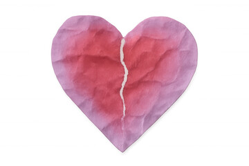 Crumpled pink paper heart with vertical tear symbolizing heartbreak, resting against transparent backdrop