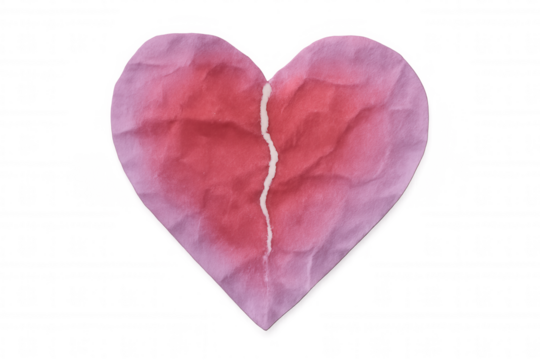 Crumpled pink paper heart with vertical tear symbolizing heartbreak, resting against transparent backdrop