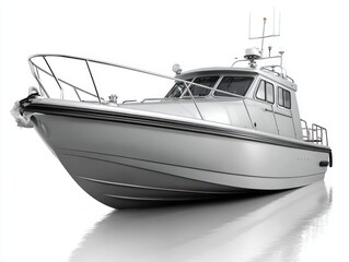 A sleek, metallic gray boat is presented against a pure white background.