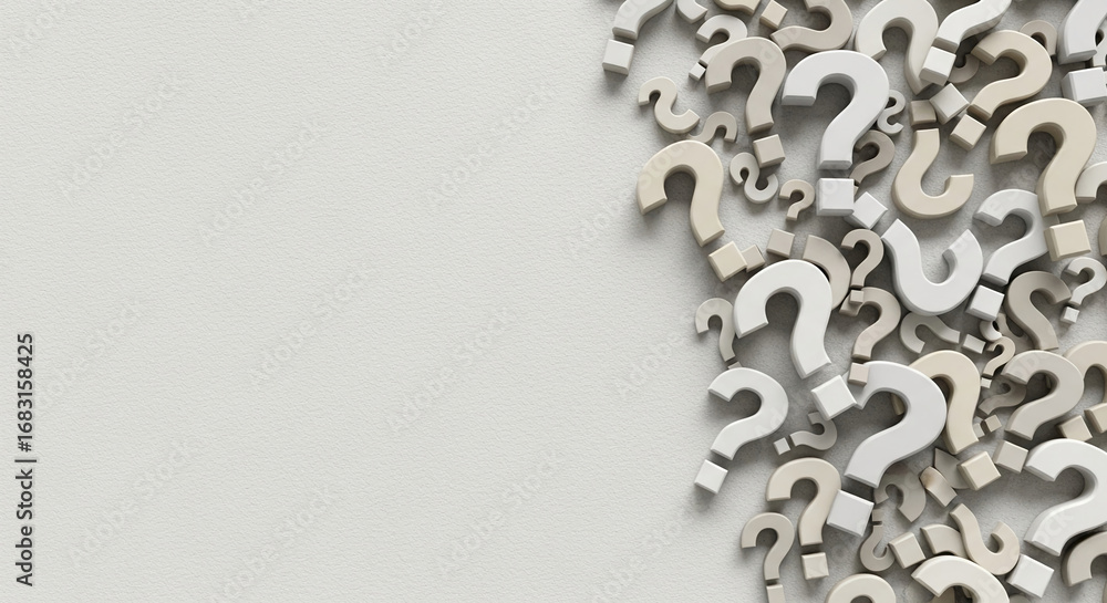 Poster white and beige question marks scattered on a textured background, leaving ample free space for text