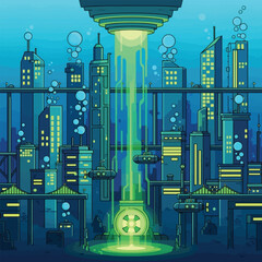 An underwater city with futuristic buildings, a green energy beam, and floating platforms.