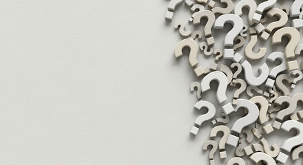 White and beige question marks scattered on a textured background, leaving ample free space for text or logo.  Illustrates uncertainty, inquiry, or FAQ concepts