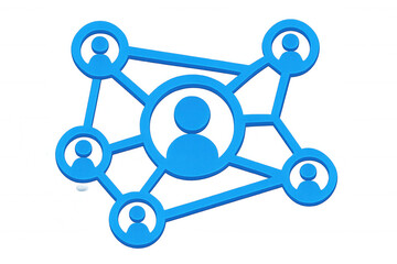 Blue interconnected user icons represent social media connections and communication on a transparent background