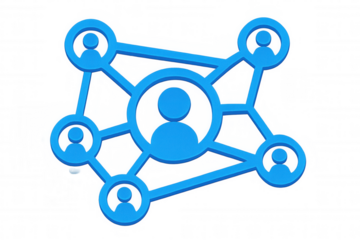 Blue interconnected user icons represent social media connections and communication on a transparent background