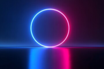 Obraz premium 3D render, neon light circle on a dark blue background with reflection and a glowing effect. 