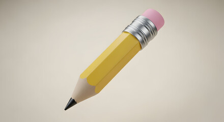 Bright yellow hexagonal pencil with pink eraser and silver ferrule floats against a clean, neutral background