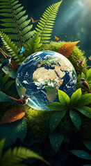 Obraz premium Earth nestled in lush greenery, surrounded by birds and butterflies, conveying environmental harmony and ecological balance, ideal for nature conservation campaigns