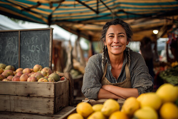 Obraz premium Donna sorridente al banco del mercato contadino, tra cassette di frutta di stagione. Atmosfera autentica e accogliente; perfetta per storytelling agricolo, filiera corta, food & lifestyle.