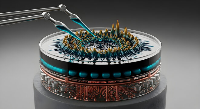 A complex, circular machine with multiple robotic arms working in unison is a futuristic vision of an industrial-grade AI art generator tool creating an intricate central piece.