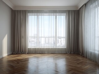 A room with a large window and white curtains
