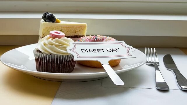 Diabet day display with cake, donut, cupcake, and utensil on plate, emphasizing dietary awareness footage.