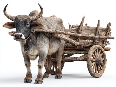 A gray and black ox pulls a weathered wooden cart against a white background.