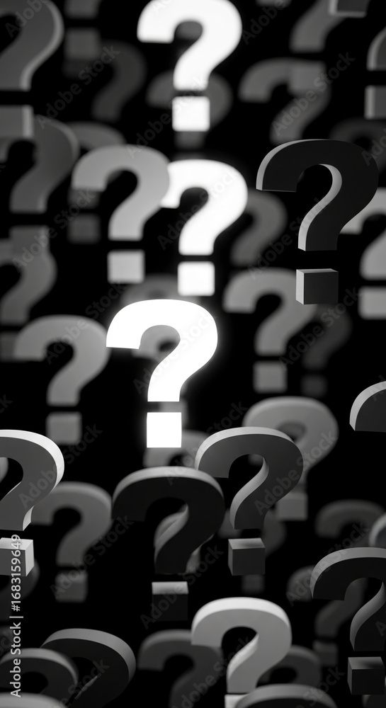 Poster glowing white question mark among gray question marks on black background, symbolizing uncertainty, 