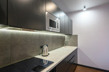 Modern kitchen with dark cabinets, stone backsplash, a stainless steel microwave, and built-in...