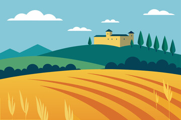 rural french landscape with fields of grain and a 