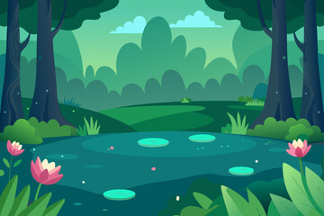 serene forest glade with a small  hidden pond and 