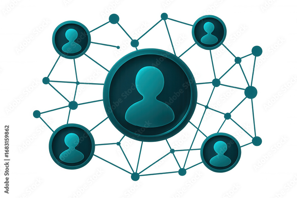 Poster interconnected user icons represent social media connections, business networking, and global commun