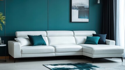 White leather sectional sofa with teal pillows against a teal wall. Showcases modern home decor for interior design and lifestyle.