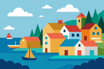 coastal village with colorful houses and a small  