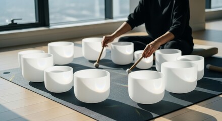 Sound Bowl Meditation Session with Crystal Singing Bowls in Sunlit Studio
