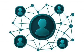 Interconnected user icons represent social media connections, business networking, and global communication on a transparent background
