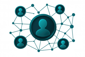 Interconnected user icons represent social media connections, business networking, and global communication on a transparent background