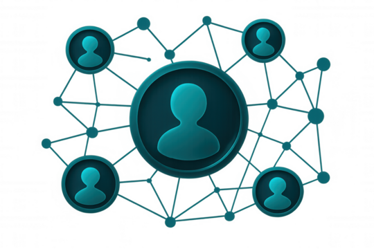 Interconnected user icons represent social media connections, business networking, and global communication on a transparent background