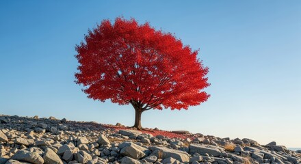 Solitary red maple tree on rocky landscape under clear blue sky