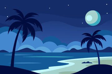 a serene moonlit beach with gentle waves and palm 