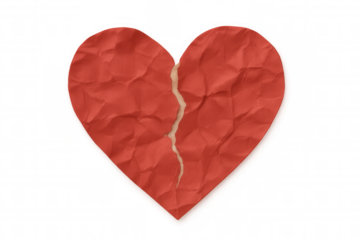 Red crumpled paper heart breaking apart on transparent background, representing heartbreak, divorce, and end of relationship