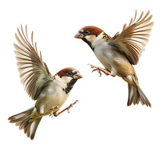 Two Sparrows Flying and Flapping Wings in Air