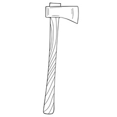 Detailed black and white illustration of a classic axe with a wooden handle.