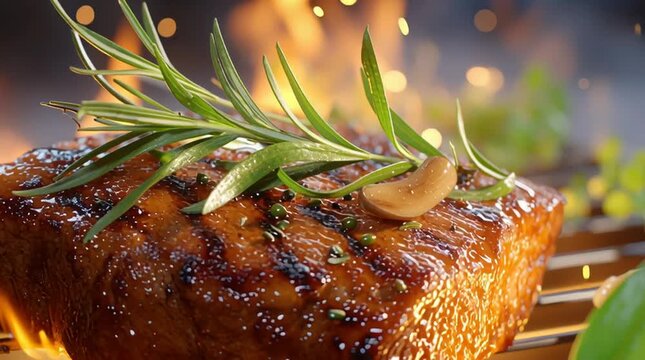 Grilled Steak Culinary Delights: A perfectly grilled steak, adorned with fresh rosemary and a garlic clove, is captured in a close-up shot, against a backdrop of soft focus fire.