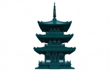 Traditional japanese pagoda showcasing intricate architecture and vibrant teal color, set against a transparent background