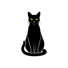 A cute, cartoon black cat with a long tail sits on a black background, perfect for a vector illustration
