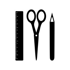 Black and white image of stationery consisting of a ruler, scissors and pencil