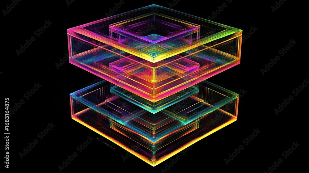 Poster a vibrant, stacked translucent square form comprised of nested layers against a black background