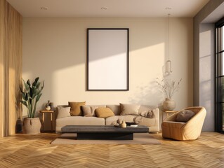 Fototapeta premium A living room with a white couch and a black coffee table