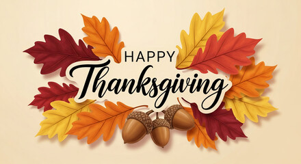 Autumn leaves and acorns surround "Happy Thanksgiving" text on beige background, symbolizing harvest, gratitude, and fall season celebrations