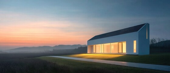 Fototapeta premium Modern white house minimalist architecture standing in open field at dusk, glowing warm interior lights through large windows, contemporary residential property design real estate development