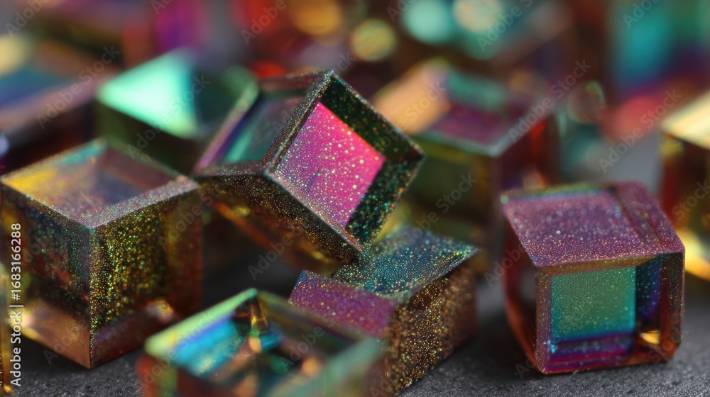 Poster brightly colored crystal cubes showcase a range of iridescent hues as they are arranged haphazardly 